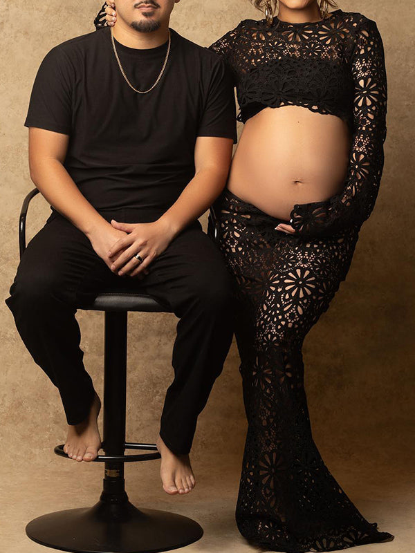 fotobeyou Black Lace Skeleton Two Piece Bodycon Beach Vacation Baby Shower Maternity Photoshoot Suits