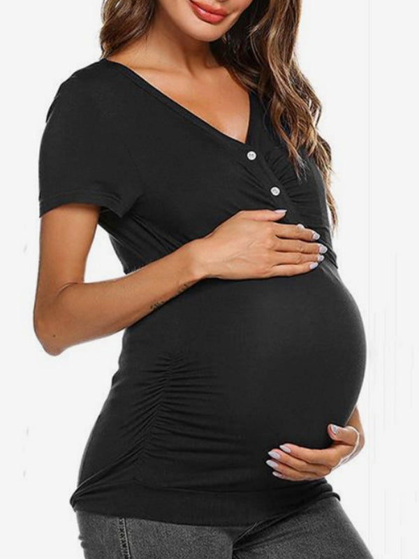 fotobeyou Buttons Ruched Front Open Breastfeeding T-shirt Casual Maternity Nursing Top