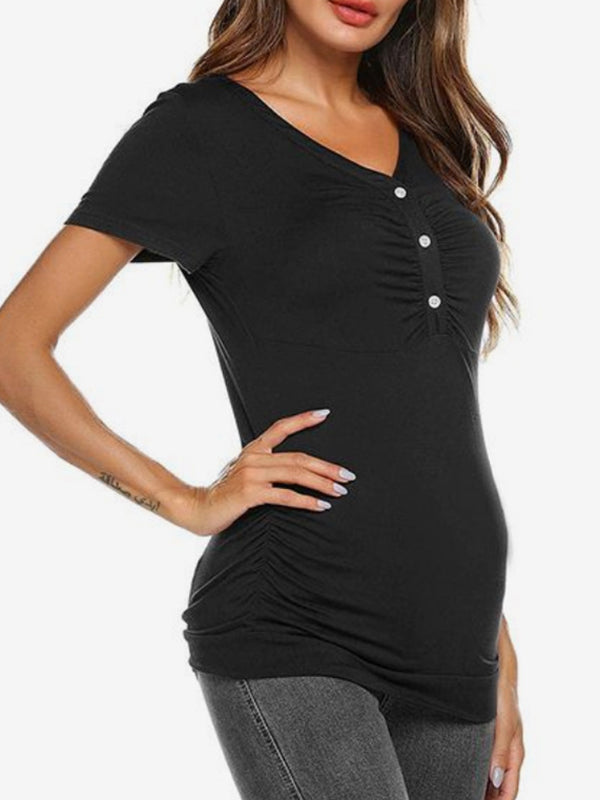fotobeyou Buttons Ruched Front Open Breastfeeding T-shirt Casual Maternity Nursing Top