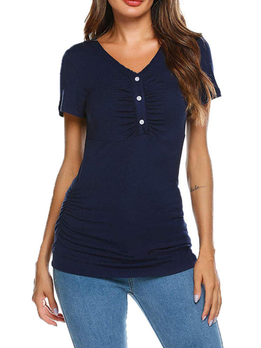 fotobeyou Buttons Ruched Front Open Breastfeeding T-shirt Casual Maternity Nursing Top