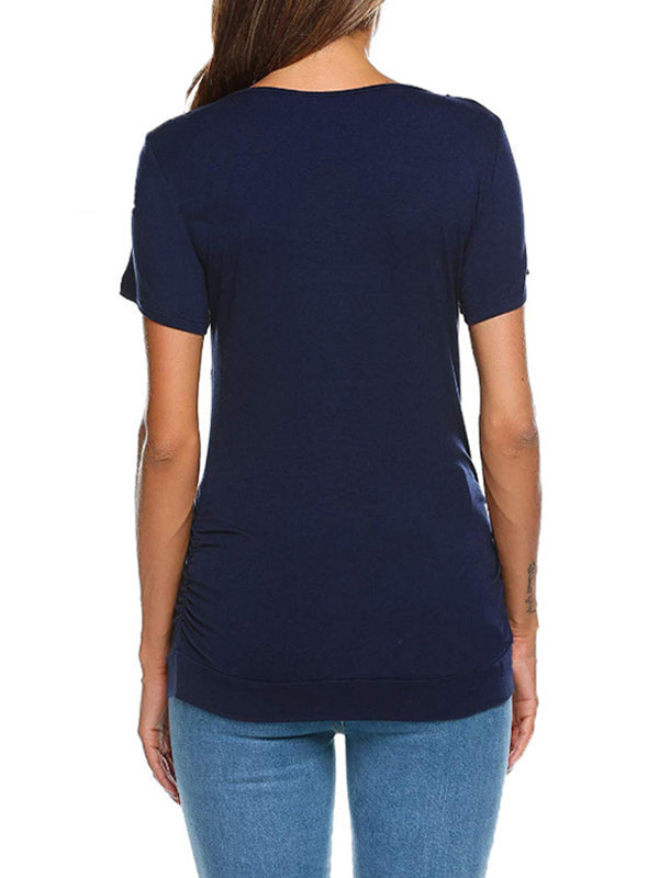 fotobeyou Buttons Ruched Front Open Breastfeeding T-shirt Casual Maternity Nursing Top
