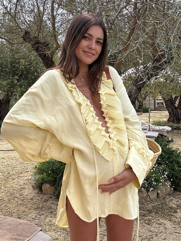 Yellow Falbala lace-up Gossip Pleat Maternity Photoshoot Blouse