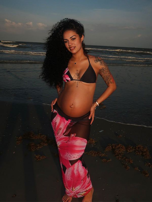 Black 3 Pieces Flowers Tie Bikini Maternity Swimwear