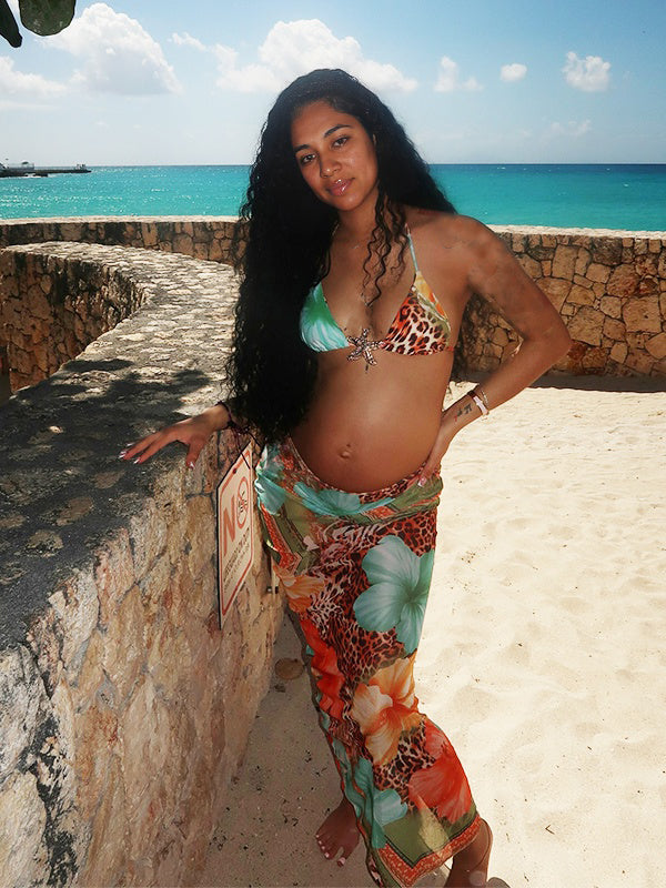 fotobeyou Printed Cami Bikni Three Piece Set Elegant Maternity Baby Moon Swimwear