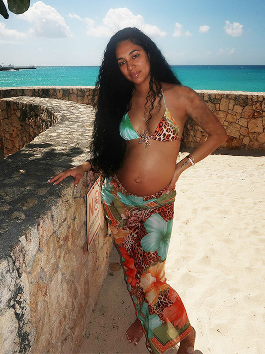 fotobeyou Printed Cami Bikni Three Piece Set Elegant Maternity Baby Moon Swimwear