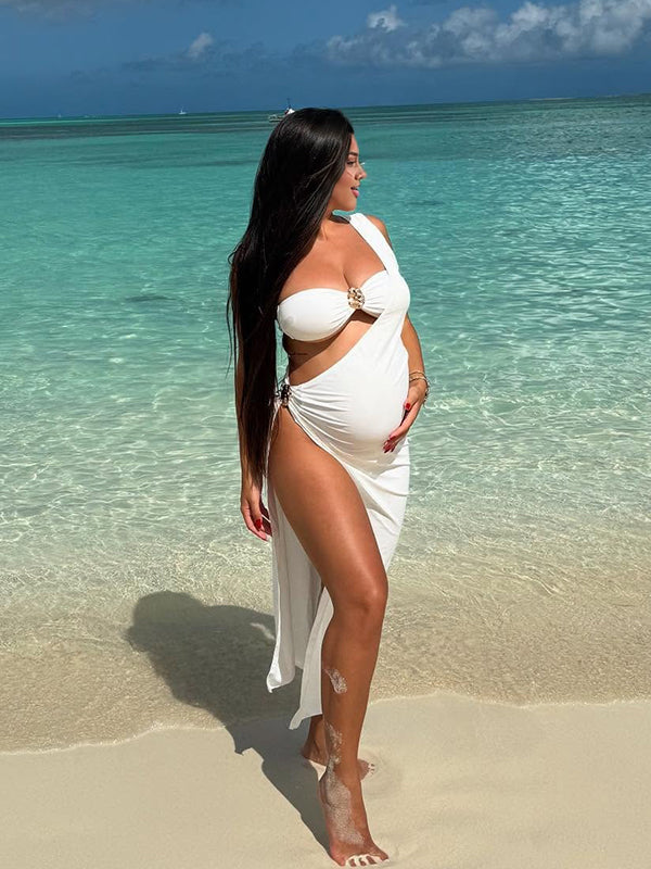 fotobeyou White Metal Buckle Bikini Three Piece Set Chic Maternity Baby Moon Swimwear