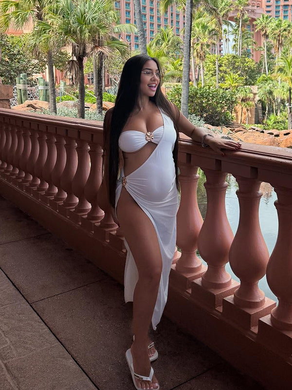 fotobeyou White Metal Buckle Bikini Three Piece Set Chic Maternity Baby Moon Swimwear