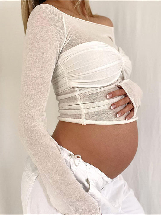 fotobeyou White Off Shoulder Sheer Fashion Elegant Beach Photoshoot Maternity Short Top