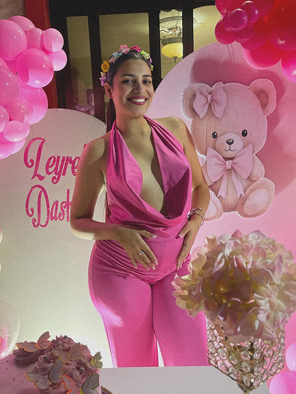 fotobeyou Rose Carmine Deep V Halter Neck Open Back Banquet Ceremony Maternity Photoshoot Jumpsuit