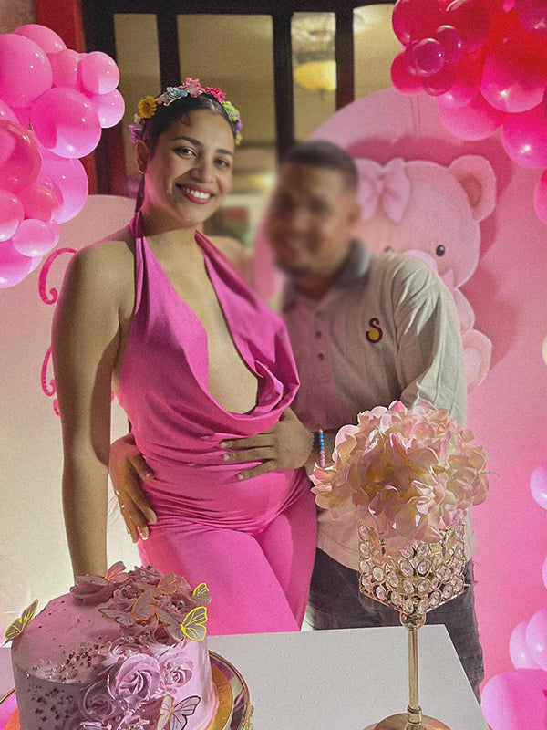 fotobeyou Rose Carmine Deep V Halter Neck Open Back Banquet Ceremony Maternity Photoshoot Jumpsuit