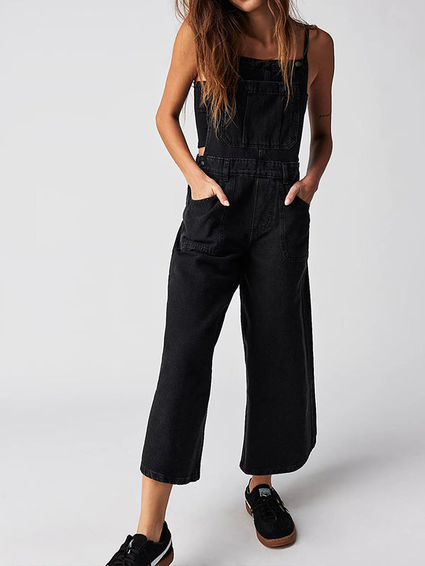 fotobeyou Denim Pockets Wide Leg Comfy Overalls Casual Boyfriend Maternity Jeans Jumpsuit