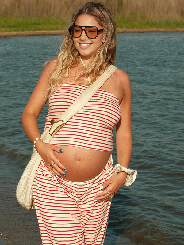 Striped Strapless Crop Wide Leg Casual Two Piece Maternity Outfit