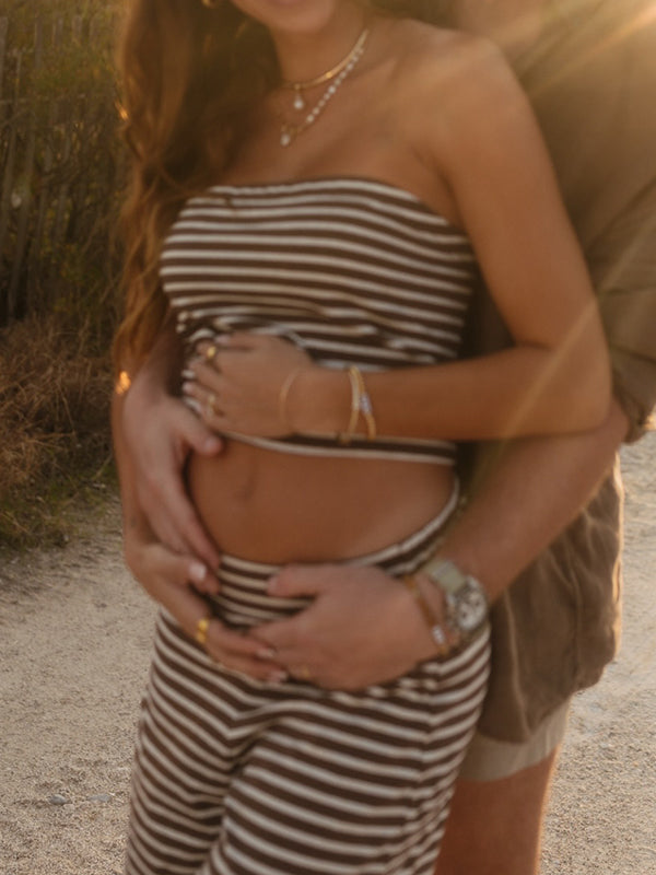 Striped Strapless Crop Wide Leg Casual Two Piece Maternity Outfit