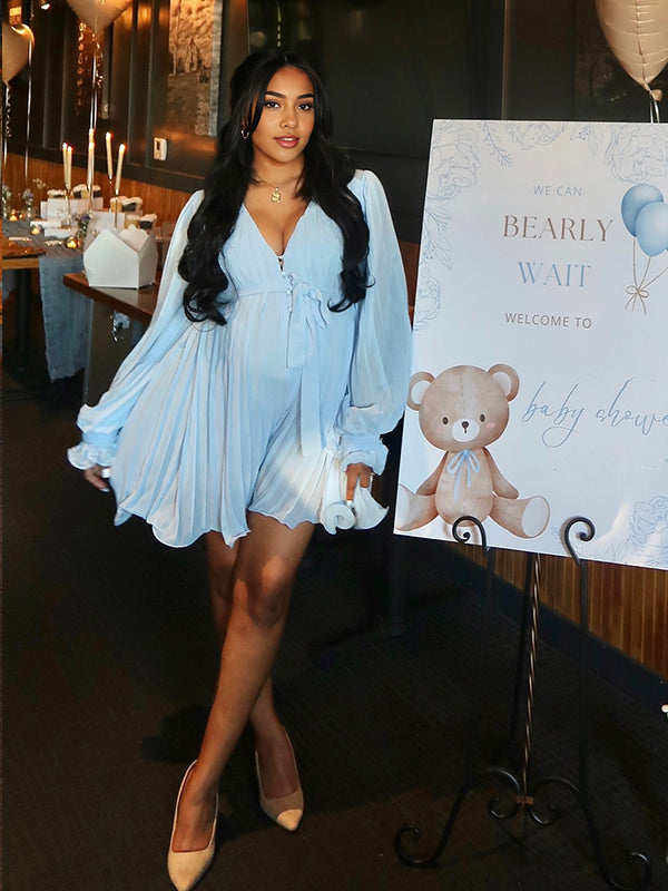 fotobeyou Blue Pleated Belt Single Breasted Elegant Maternity Baby Shower Short Jumpsuit