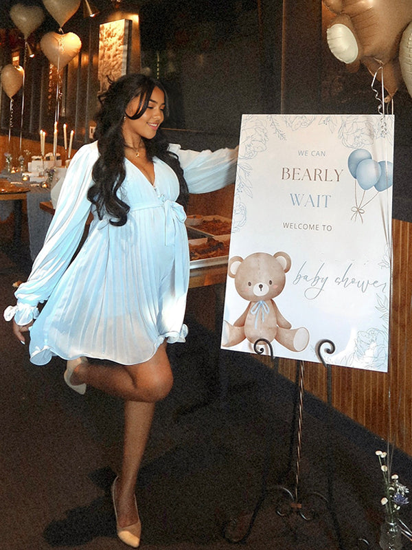 fotobeyou Blue Pleated Belt Single Breasted Elegant Maternity Baby Shower Short Jumpsuit