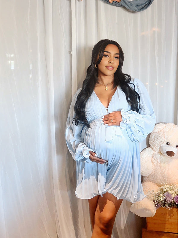 fotobeyou Blue Pleated Belt Single Breasted Elegant Maternity Baby Shower Short Jumpsuit