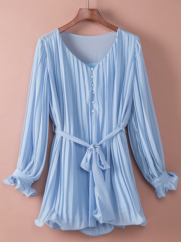 fotobeyou Blue Pleated Belt Single Breasted Elegant Maternity Baby Shower Short Jumpsuit