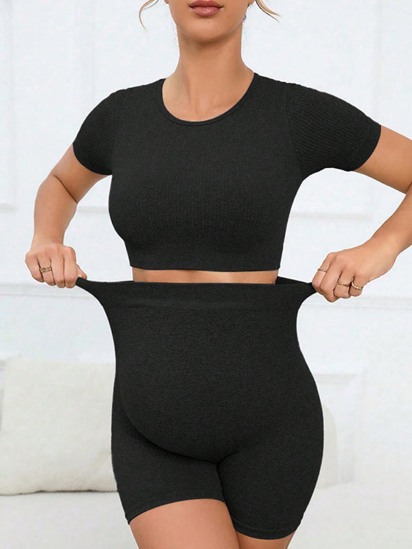 fotobeyou 2-in-1 Knit T-shirt and Shorts Stretchy Sport Yoga Comfy Slim Maternity Suit