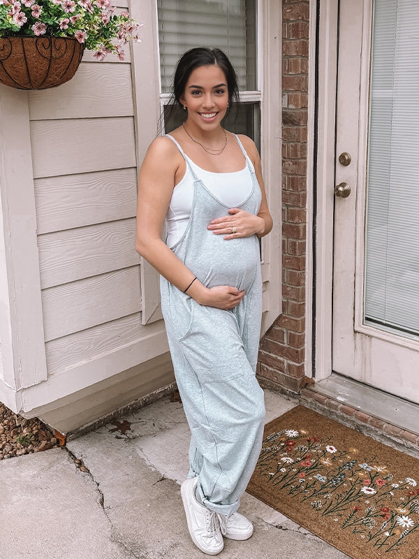 fotobeyou Pockets Loose Solid Color V-neck Daily Casual Maternity Jumpsuit