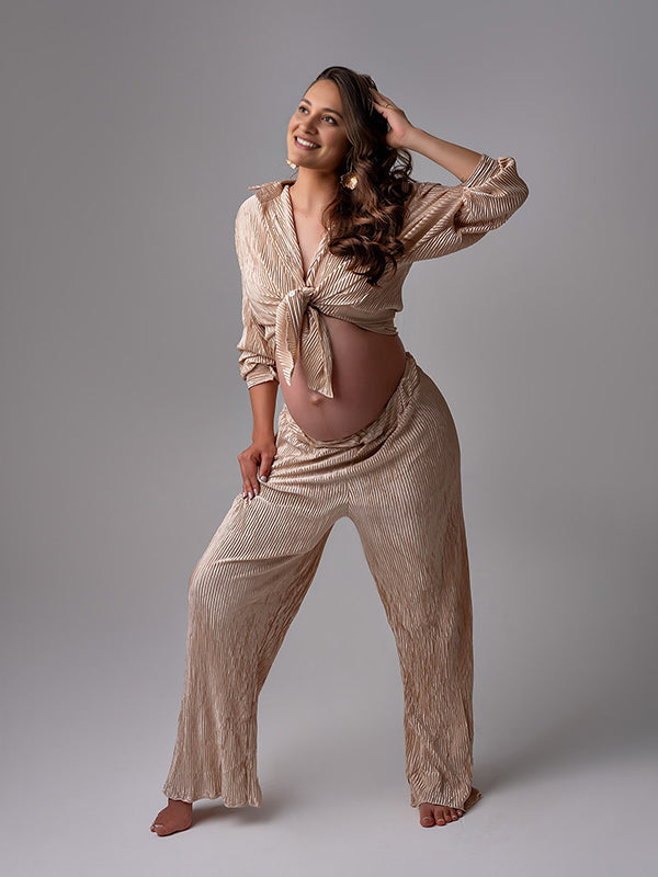 fotobeyou Khaki Buttons Pleat Bell Bottom Jeans Daily Two Piece Going out Maternity Photoshoot Homewear