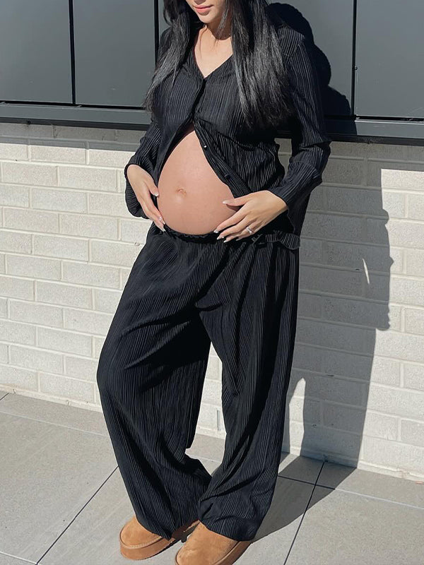 fotobeyou Black Flare Sleeve V-neck Buttons Elegant Photoshoot Maternity Outfit