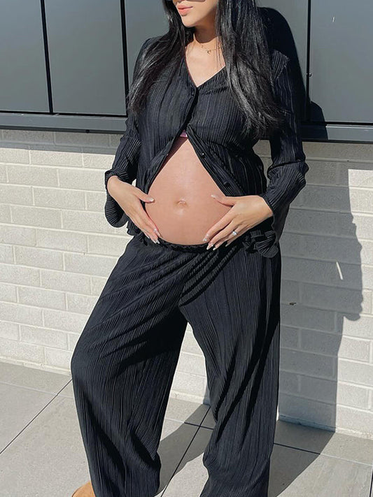 fotobeyou Black Flare Sleeve V-neck Buttons Elegant Photoshoot Maternity Outfit
