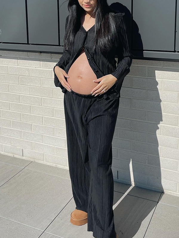 fotobeyou Black Flare Sleeve V-neck Buttons Elegant Photoshoot Maternity Outfit