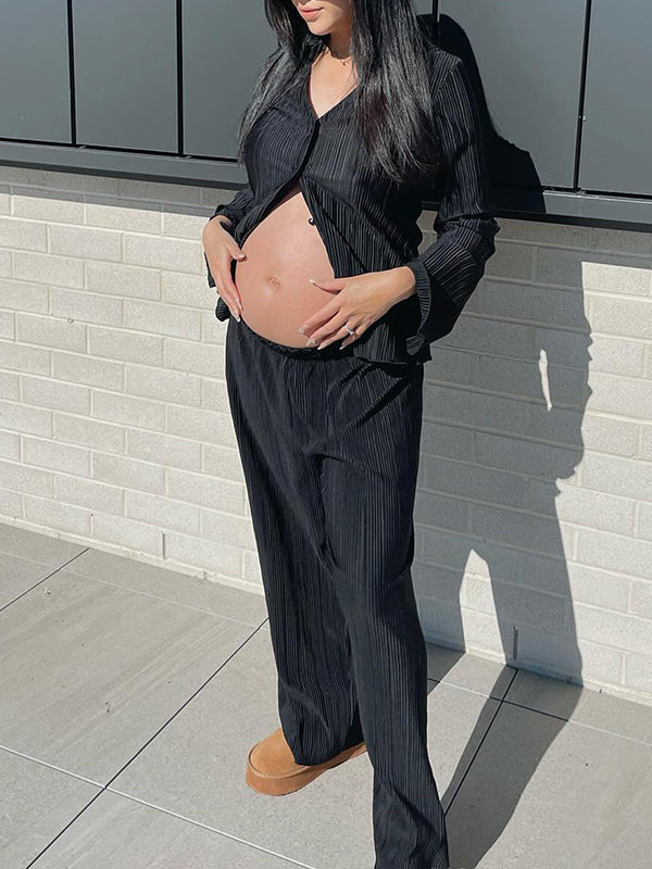fotobeyou Black Flare Sleeve V-neck Buttons Elegant Photoshoot Maternity Outfit