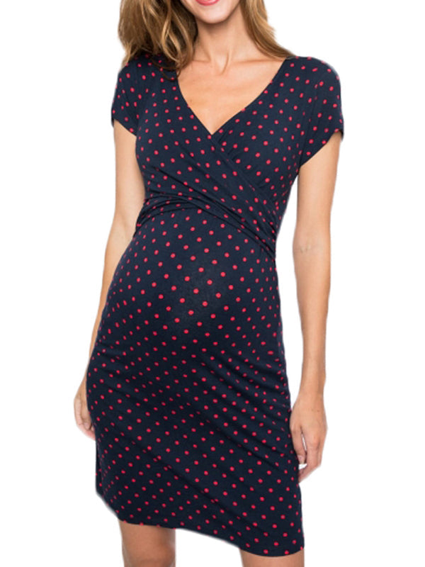 fotobeyou Navy Blue Red Polka Dot V-neck Short Sleeve Casual Daily Maternity?Nursing?Dresses