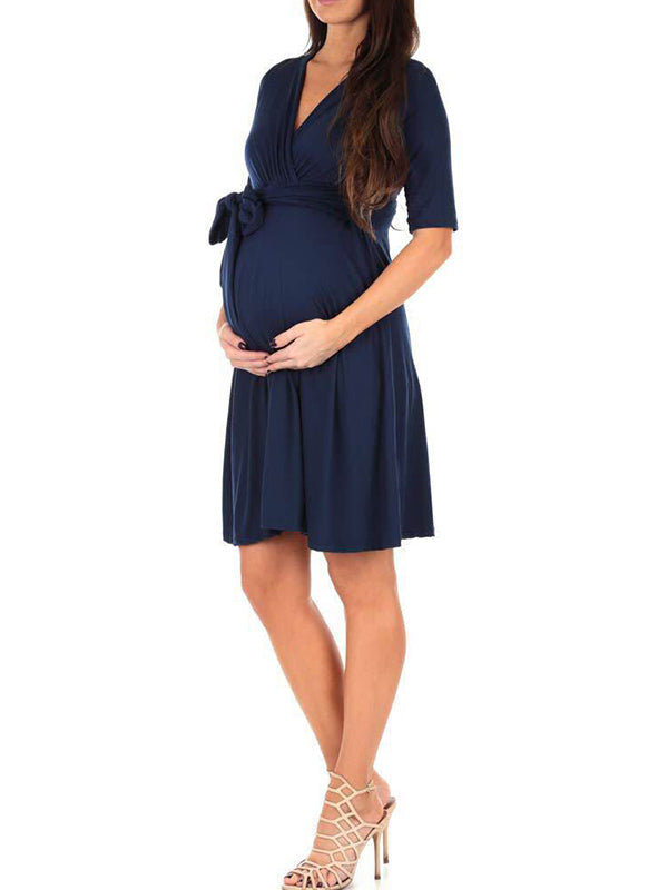 fotobeyou Navy Blue Bow V-neck Elbow Sleeve Casual Daily Maternity?Nursing?Dresses