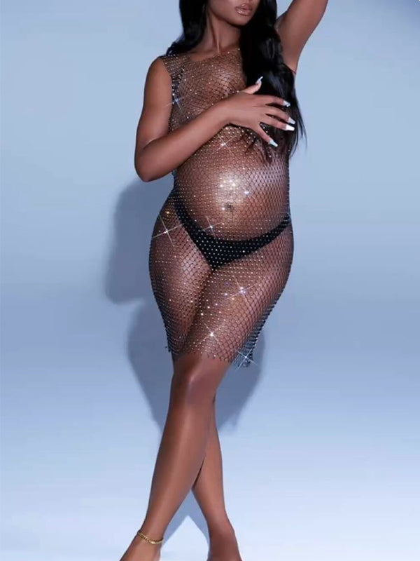 fotobeyou Off Shoulder Fishnet Rhinestone Clubwear Beach Cover Up Photoshoot Maternity Mini Dress