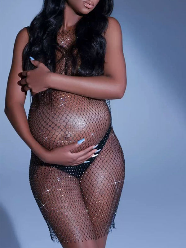 fotobeyou Off Shoulder Fishnet Rhinestone Clubwear Beach Cover Up Photoshoot Maternity Mini Dress