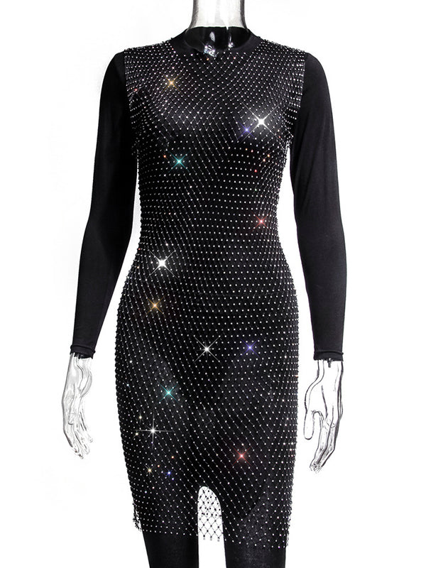 fotobeyou Off Shoulder Fishnet Rhinestone Clubwear Beach Cover Up Photoshoot Maternity Mini Dress