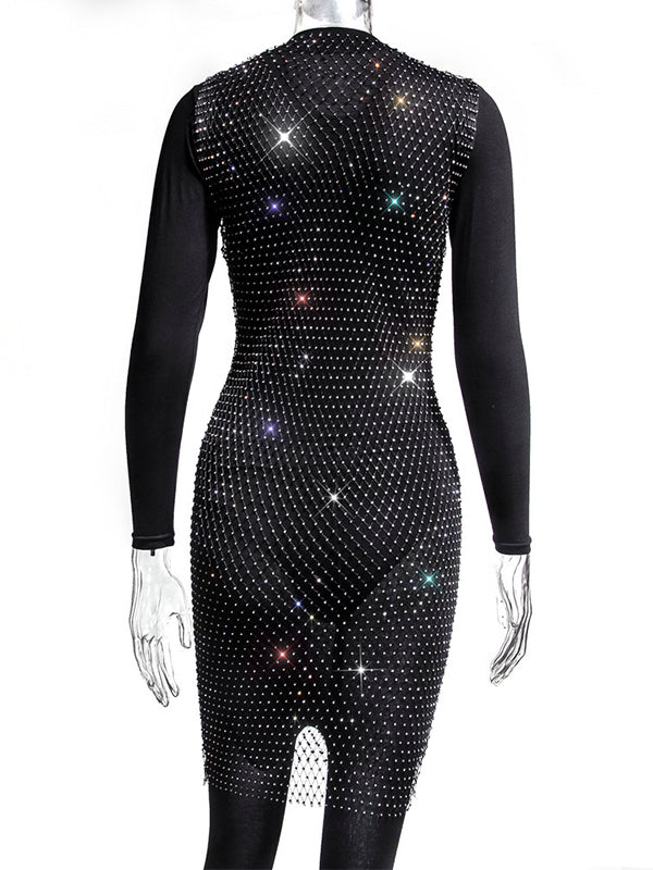 fotobeyou Off Shoulder Fishnet Rhinestone Clubwear Beach Cover Up Photoshoot Maternity Mini Dress