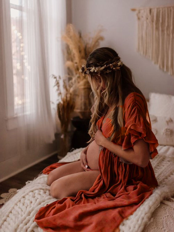 fotobeyou Red Drawstring Single Breasted Ruffle Tie Back Maternity Photoshoot Maxi Dress