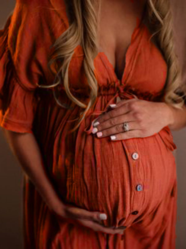 fotobeyou Red Drawstring Single Breasted Ruffle Tie Back Maternity Photoshoot Maxi Dress