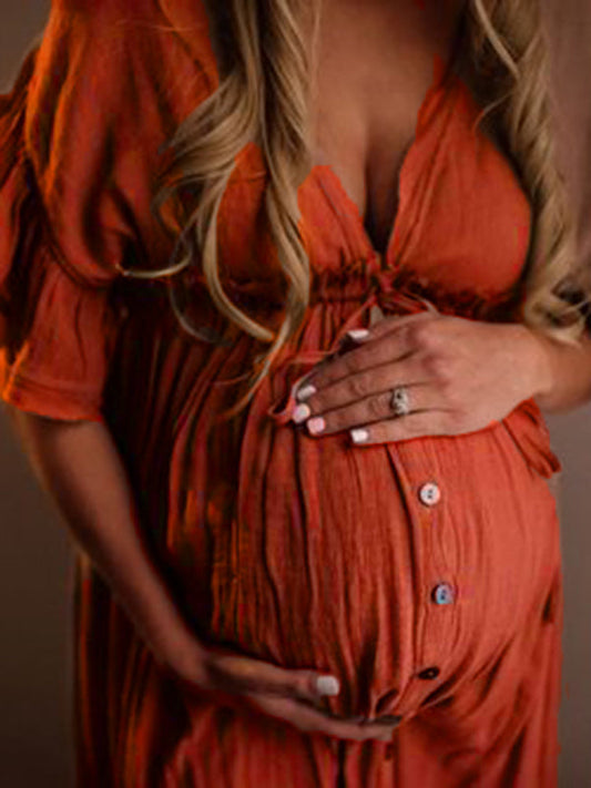 fotobeyou Red Drawstring Single Breasted Ruffle Tie Back Maternity Photoshoot Maxi Dress