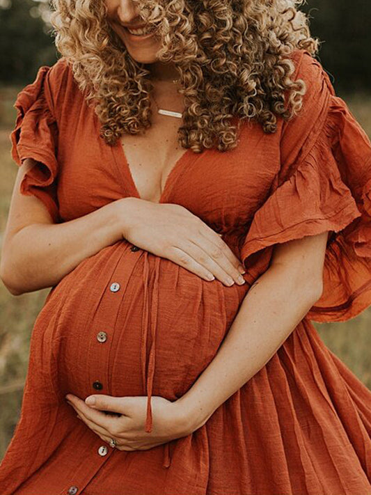 fotobeyou Single Breasted Drawstring Ruffle Tie Back Red Maternity Photoshoot Maxi Dress