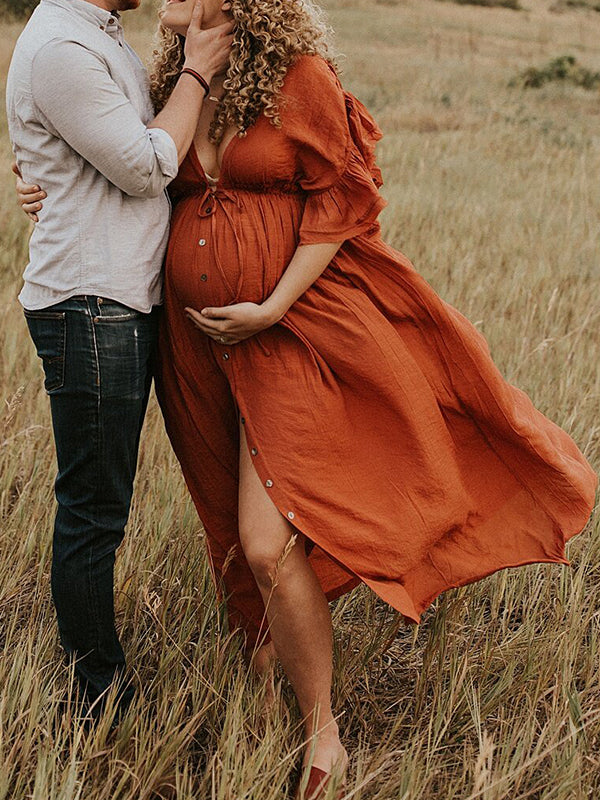 fotobeyou Single Breasted Drawstring Ruffle Tie Back Red Maternity Photoshoot Maxi Dress