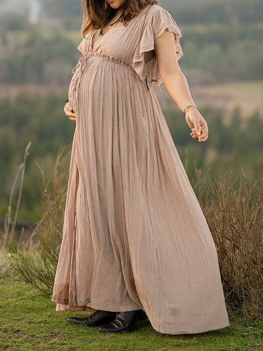 fotobeyou Khaki Bohemian Drawstring Single Breasted Maternity Photoshoot Baby Shower Maxi Dress