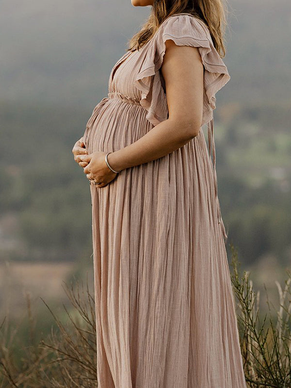fotobeyou Khaki Bohemian Drawstring Single Breasted Maternity Photoshoot Baby Shower Maxi Dress