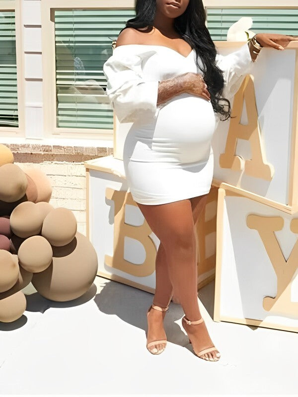 fotobeyou White Off Shoulder Backless V-Neck Lantern Sleeve Bodycon Party Cute Baby Shower Maternity Mini Dress