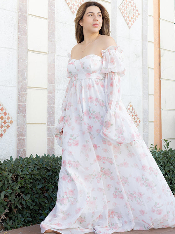 fotobeyou White Floral Off Shoulder Ruffle Big Swing Trailing Tail Elegant Dreamy Maternity Baby Shower Photoshoot Maxi Dress