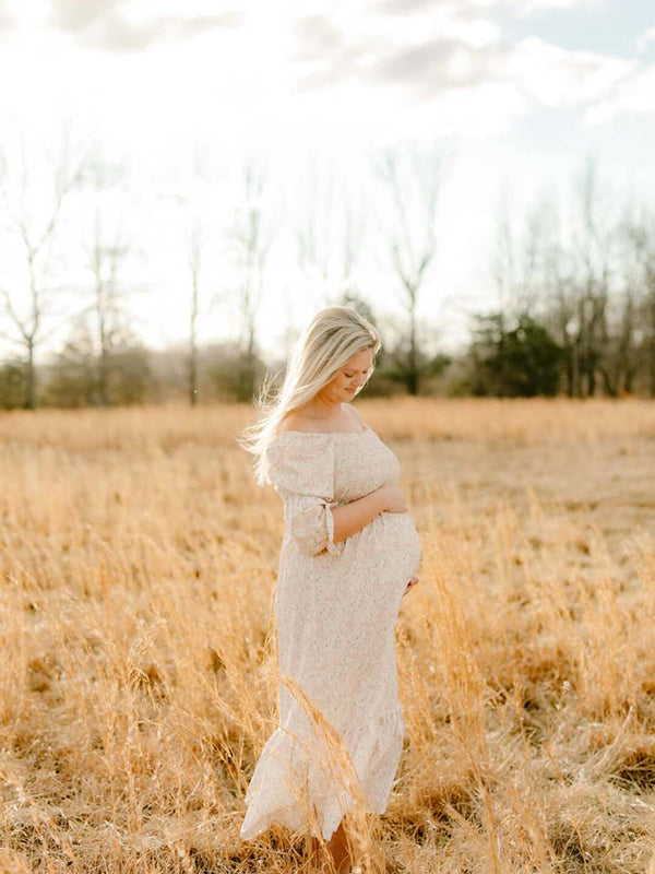 fotobeyou Ruffle Ruched High Waist Puff Sleeve Cute Photoshoot Maternity Maxi Dress
