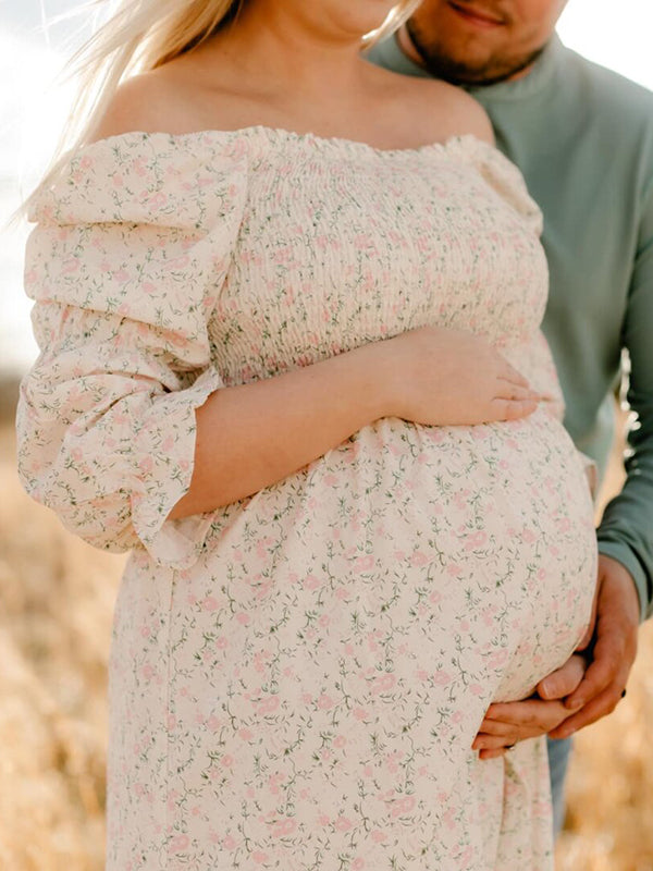 fotobeyou Ruffle Ruched High Waist Puff Sleeve Cute Photoshoot Maternity Maxi Dress
