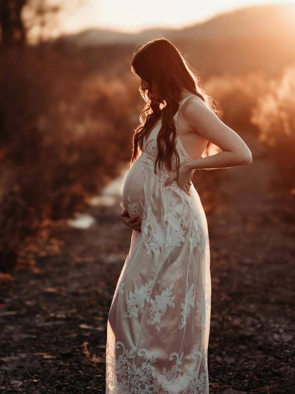 fotobeyou White Lace Boho Maxi Maternity Photoshoot Dress Specially Designed for Outdoor and Beach Maternity Photography Gowns