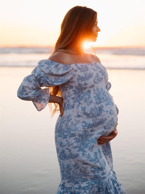 fotobeyou Ruffle Ruched High Waist Puff Sleeve Cute Photoshoot Maternity Maxi Dress