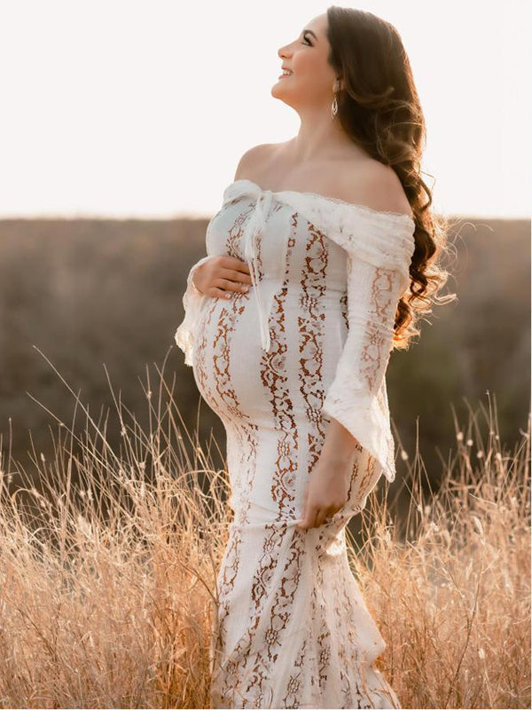 fotobeyou White Off Shoulder Lace Bandeau Tie Front Mermaid Plus Size Photoshoot Maternity Maxi Dress
