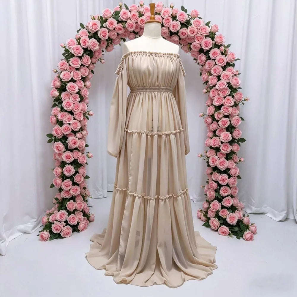 Bohemian Photo Shooting Pregnancy Dress Sexy Off Shoulder Long Sleeved Pleated Edge Chiffon Dress Photography Dress For Women