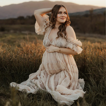 Maternity Elegant Pleated Chiffon V-neck Short Sleeved Dress Baby Showers